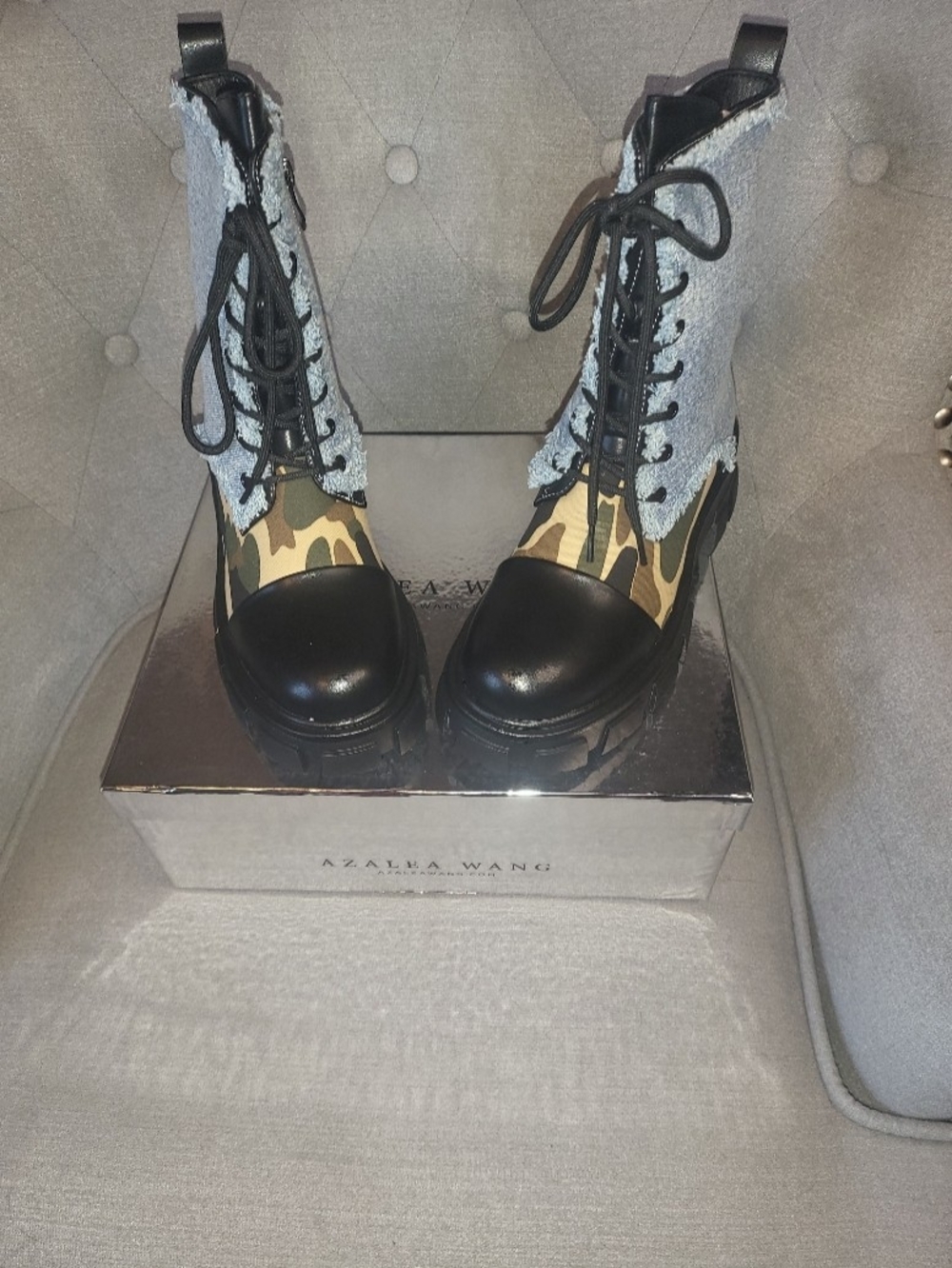 Azalea Wang Camouflage Lace-Up Ankle Boots in Black & Green